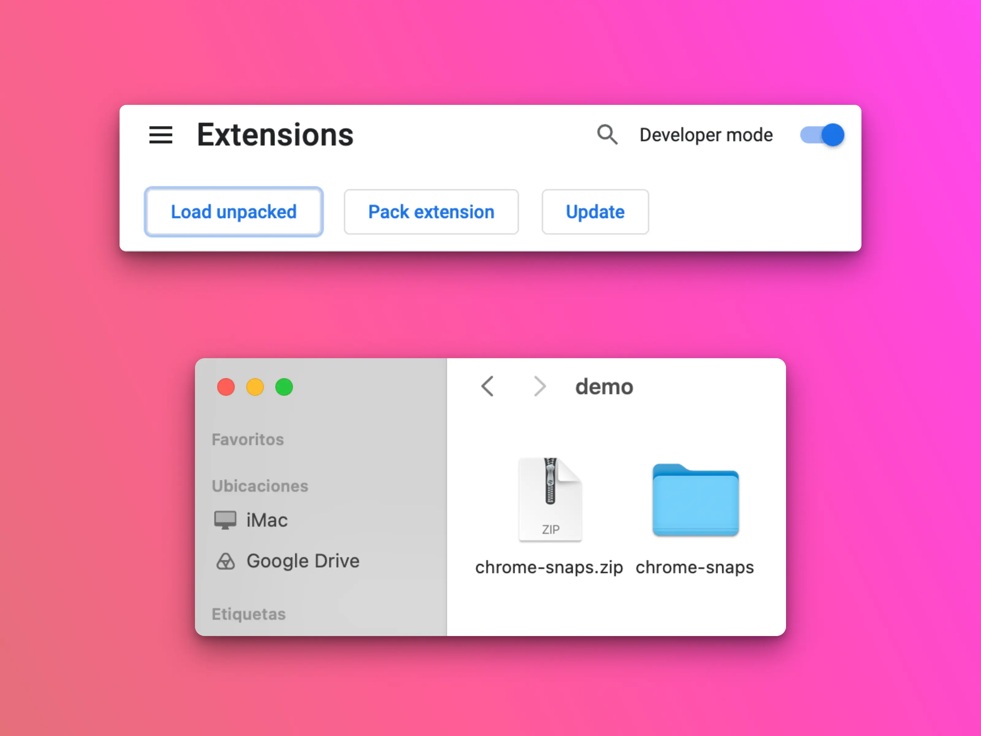 Extensions page: Developer mode and Load unpacked